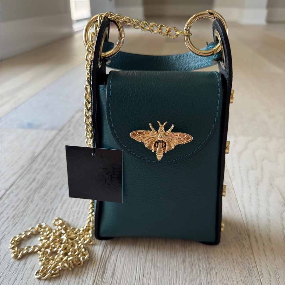 NWT Blacklion Green Leather Bag with Gold Shoulder Chain and Bee Closure